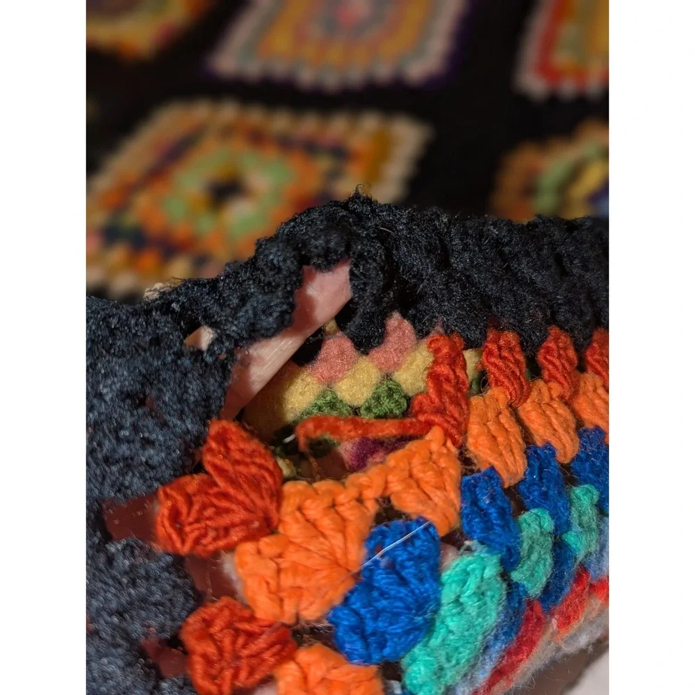 Boho Granny Square Crochet Throw Blanket Retro Hippie Cottagecore Decor